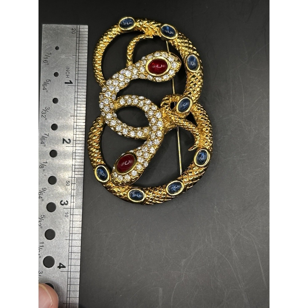 Vintage KJL Kenneth Jay Lane MEDUSA Brooch Pin Gold Snakes Cabochons Rhinestones - Picture 4 of 6